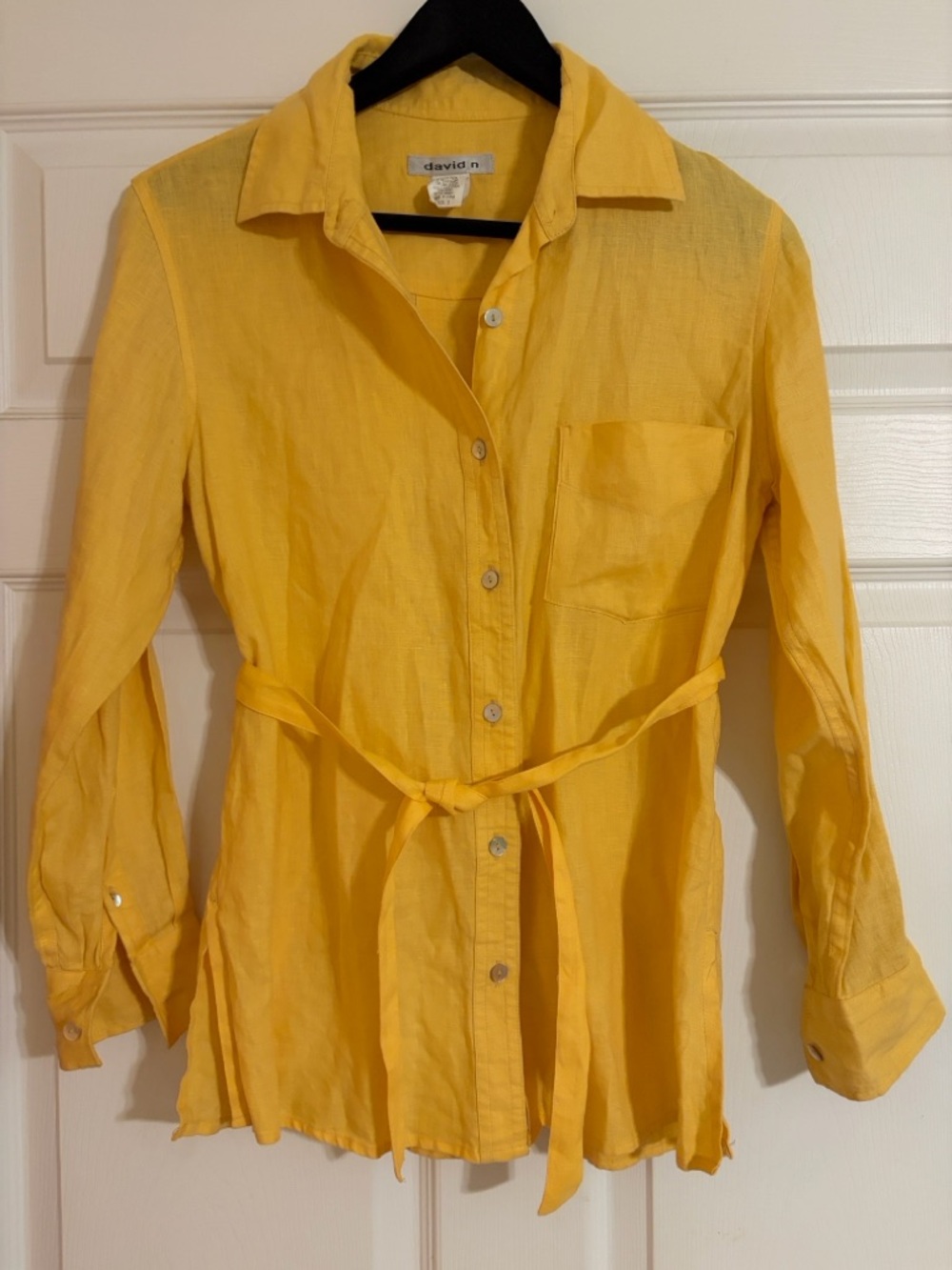 david n Linen Belted Tunic Blouse Shirt- Yellow- Size Small